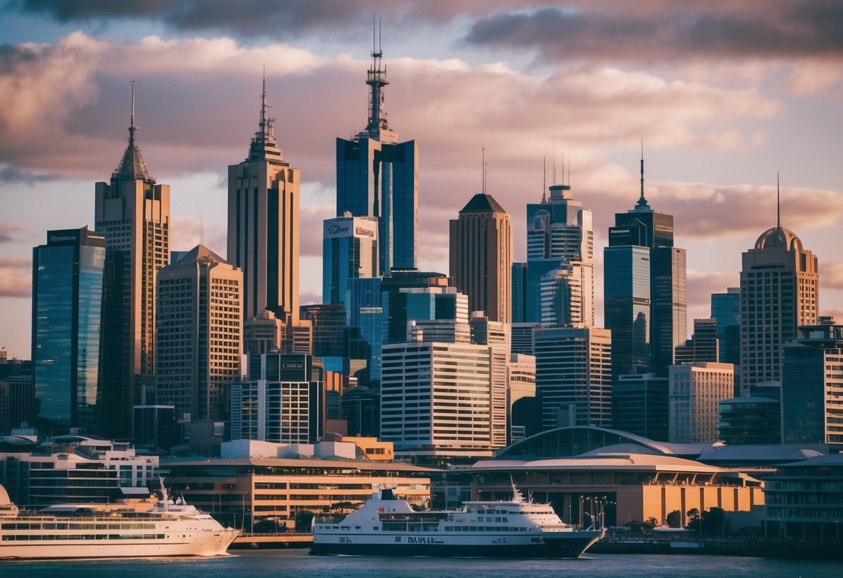 A bustling Australian city skyline with prominent bank buildings and financial institutions