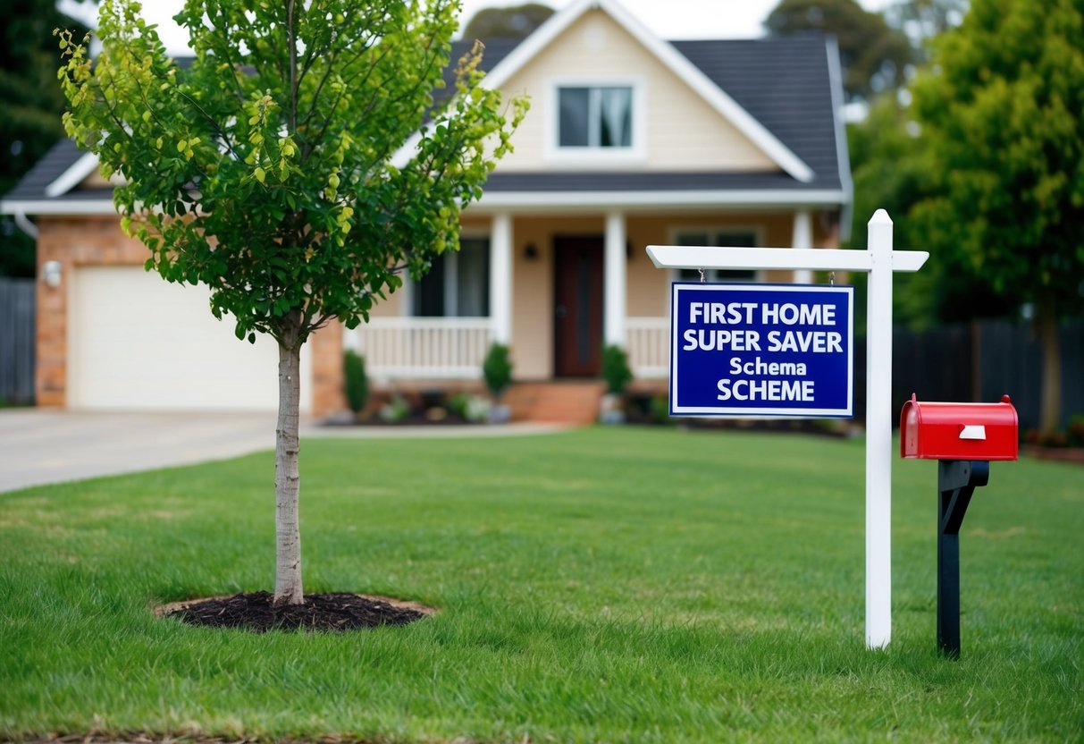 A cozy house with a "First Home Super Saver Scheme" sign on the front lawn. A young tree and a mailbox complete the scene