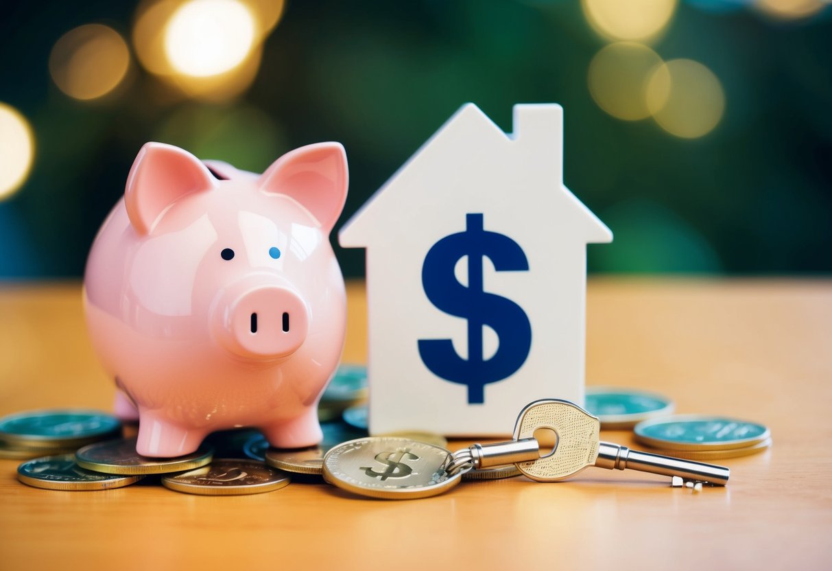 A piggy bank surrounded by a house, a key, and a dollar sign, symbolizing the FHSS scheme for first-time homebuyers