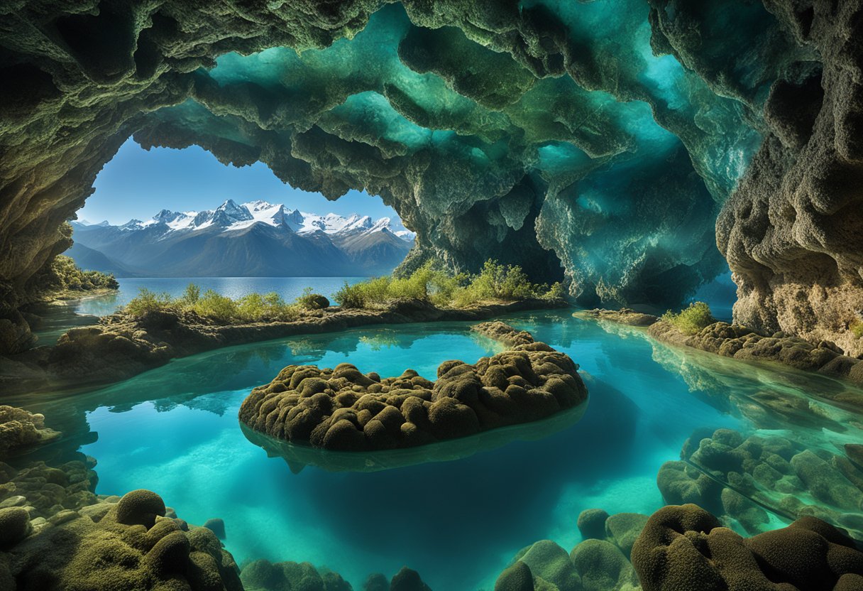 1. A vibrant underwater coral reef teeming with colorful marine life.
2. A majestic ice cave with crystal-clear blue walls and ceilings.
3. A lush, green valley surrounded by towering, snow-capped mountains.
4. A surreal, otherworldly landscape of bubbling mud pots and steam vents.
5. A serene, mirror-like salt flat stretching to the horizon