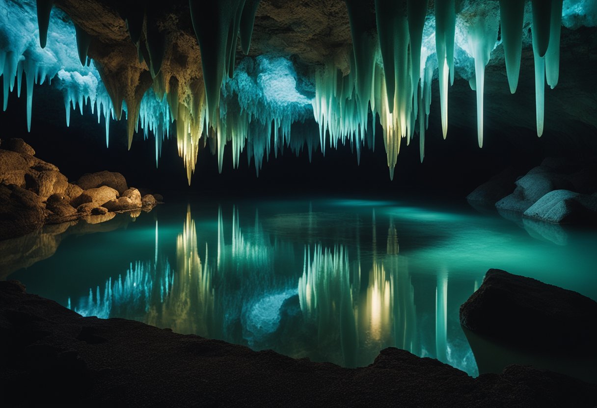 A glowing, bioluminescent cave filled with sparkling stalactites and stalagmites, casting an otherworldly glow on the underground landscape