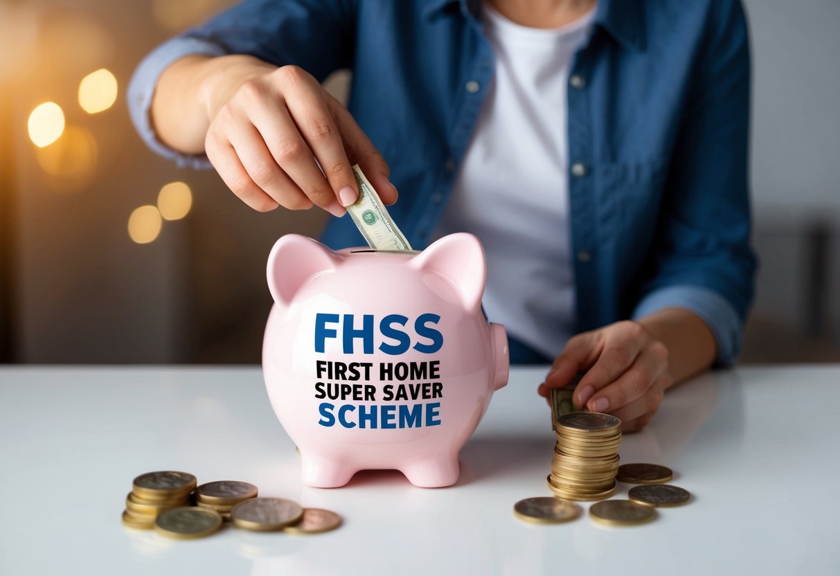 A person putting money into a piggy bank labeled "FHSS first home super saver scheme" with a smile on their face