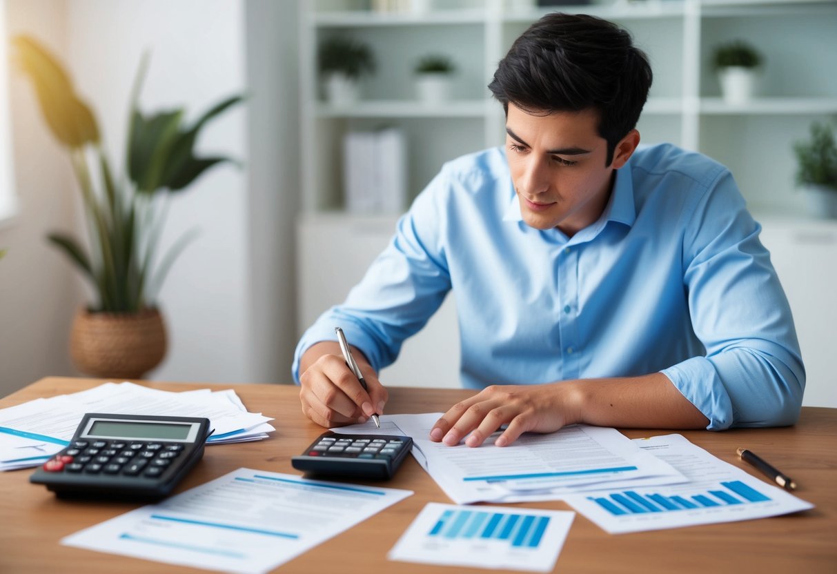 A young person fills out paperwork at a desk, surrounded by financial documents and a calculator. They are researching the FHSS Amount first home super saver scheme