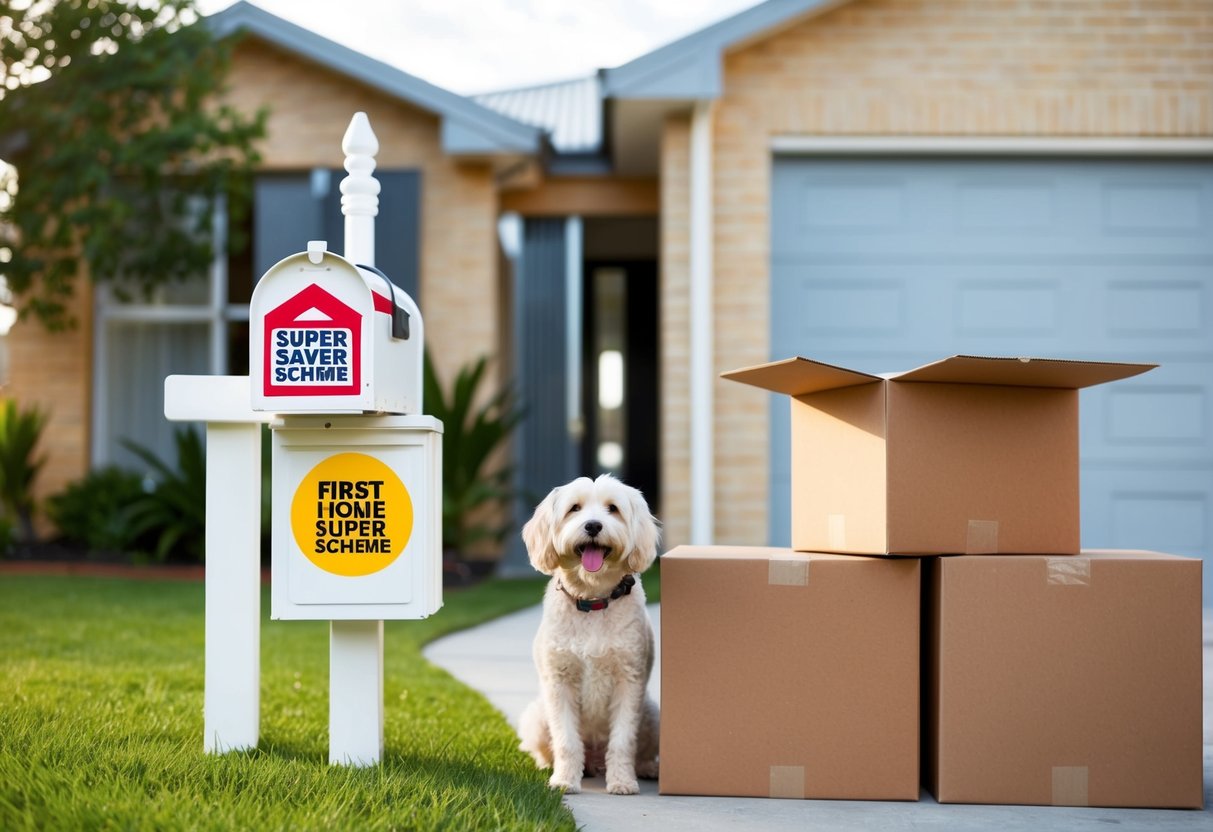 A newly purchased home with a "First Home Super Saver Scheme" logo on a mailbox, surrounded by moving boxes and a happy pet