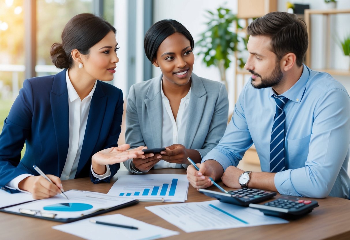 A young couple discusses financial planning with an advisor, exploring the first home super saver scheme. Tables hold paperwork and calculators