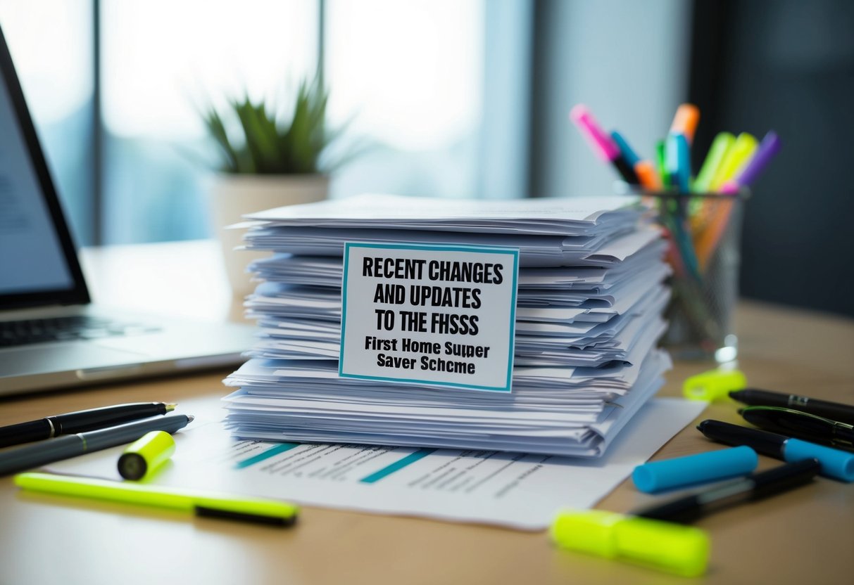 A stack of documents labeled "Recent Changes and Updates to the FHSS first home super saver scheme" surrounded by pens and highlighters on a desk