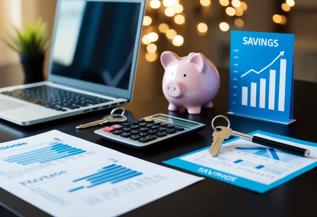 A desk with a laptop, calculator, and financial documents. A house key and a piggy bank sit nearby. A chart shows savings progress