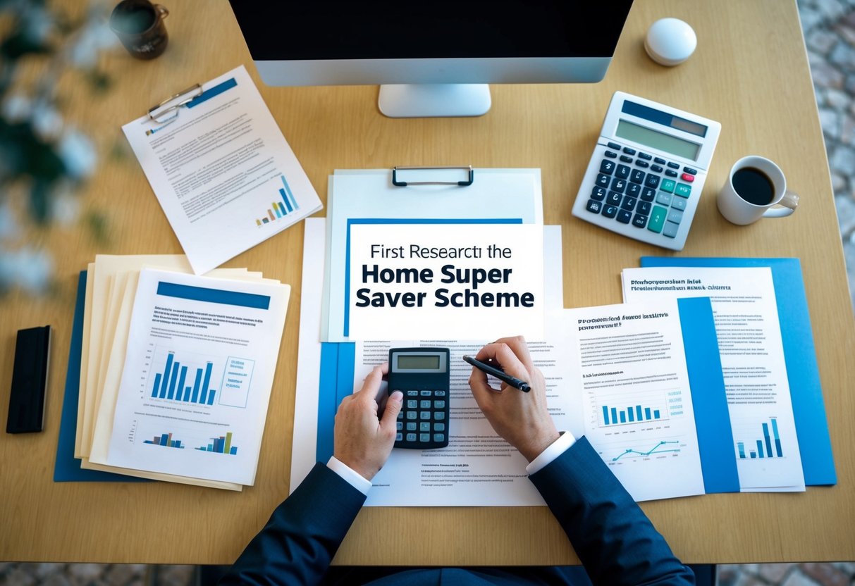 A person researching the First Home Super Saver Scheme, surrounded by documents, a computer, and a calculator