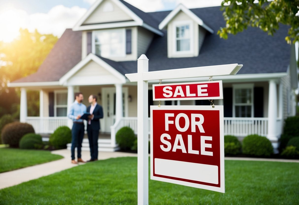 A "For Sale" sign in front of a charming house, with a real estate agent showing the property to potential buyers