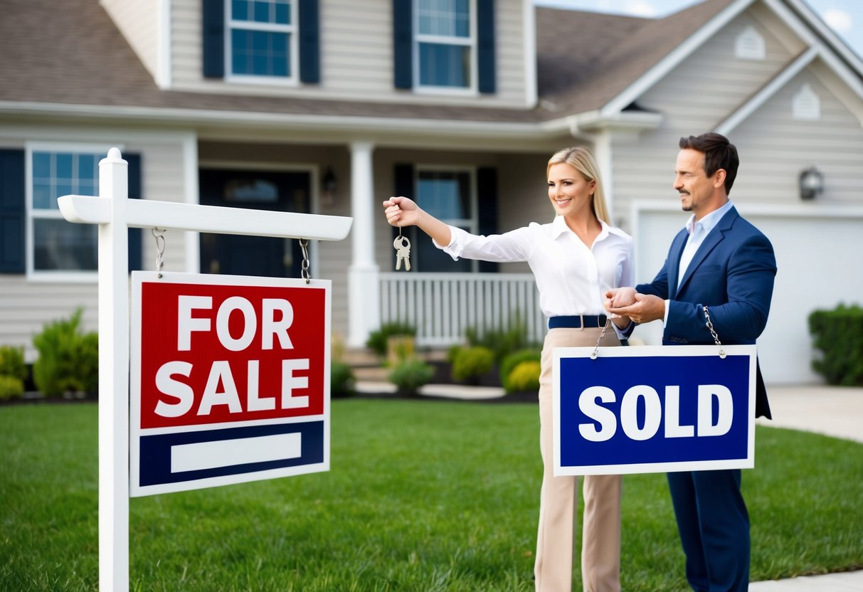 A house with a "For Sale" sign in the front yard, while another house has a "Sold" sign. A real estate agent is handing over keys to the new owner