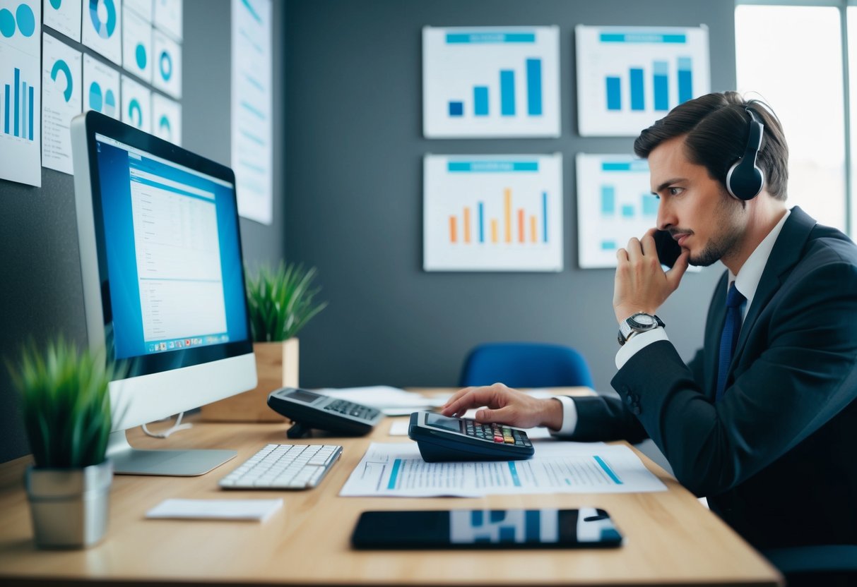 A desk with a computer, calculator, and paperwork. A person on the phone. Charts and graphs on the wall