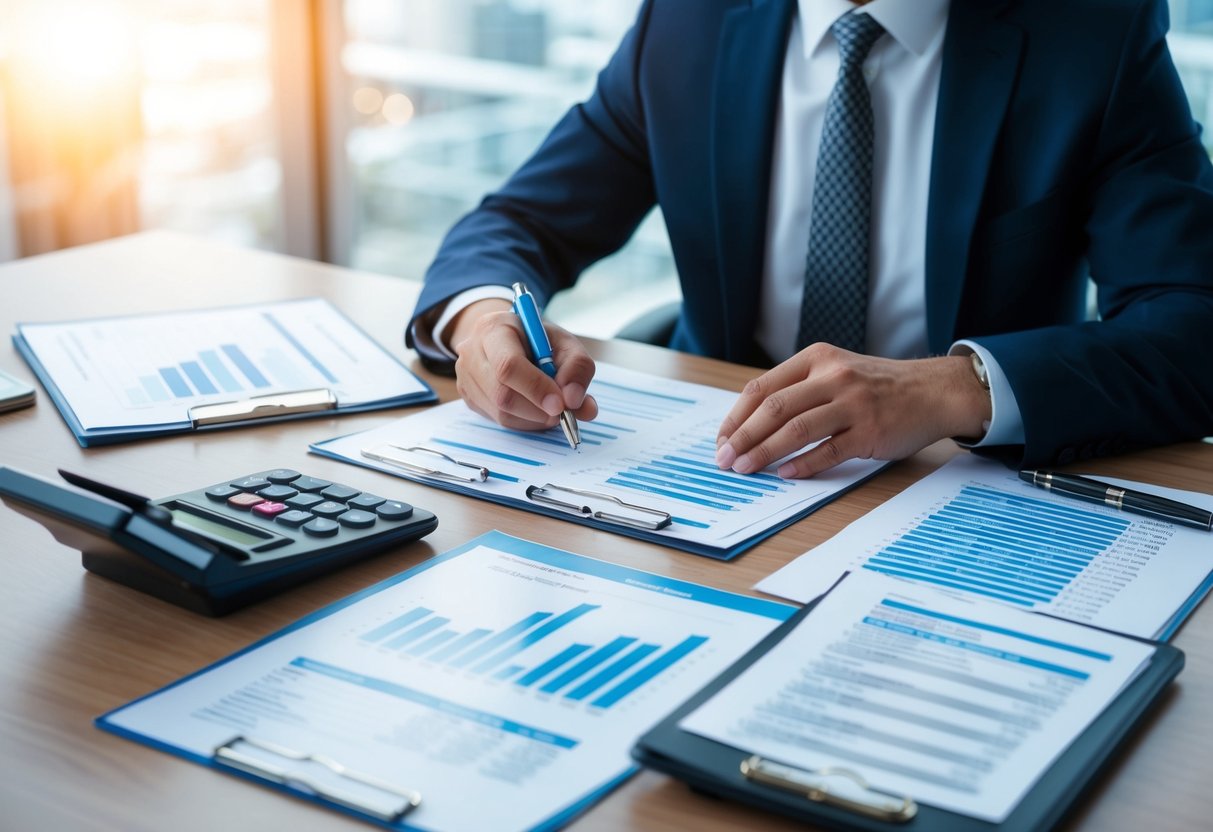 A banker sits at a desk, arranging various financial documents and spreadsheets. A calculator and pen are nearby, as they meticulously plan the structure of a loan