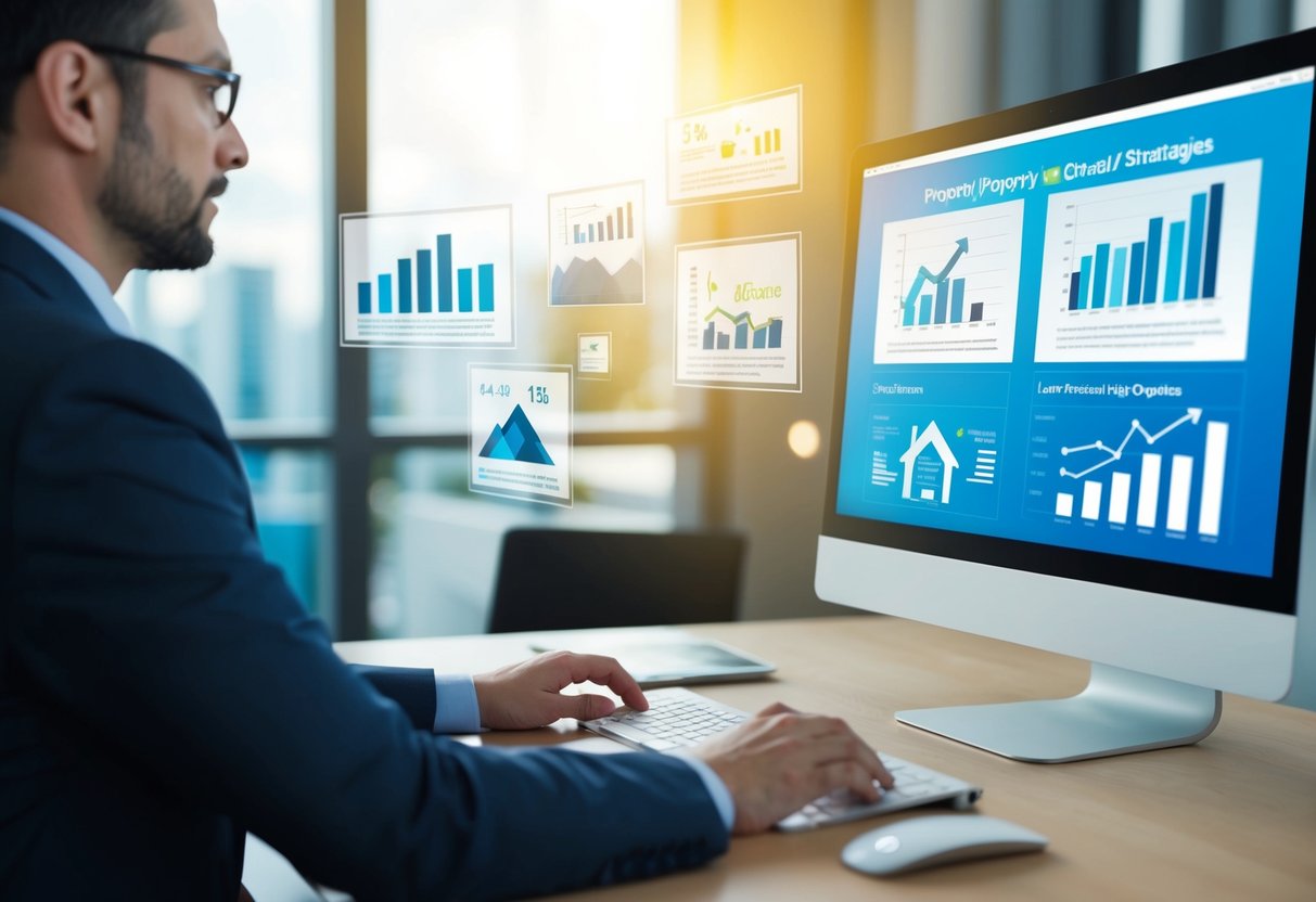 A person reviews various property investment strategies and loan structuring options, with charts and graphs displayed on a computer screen