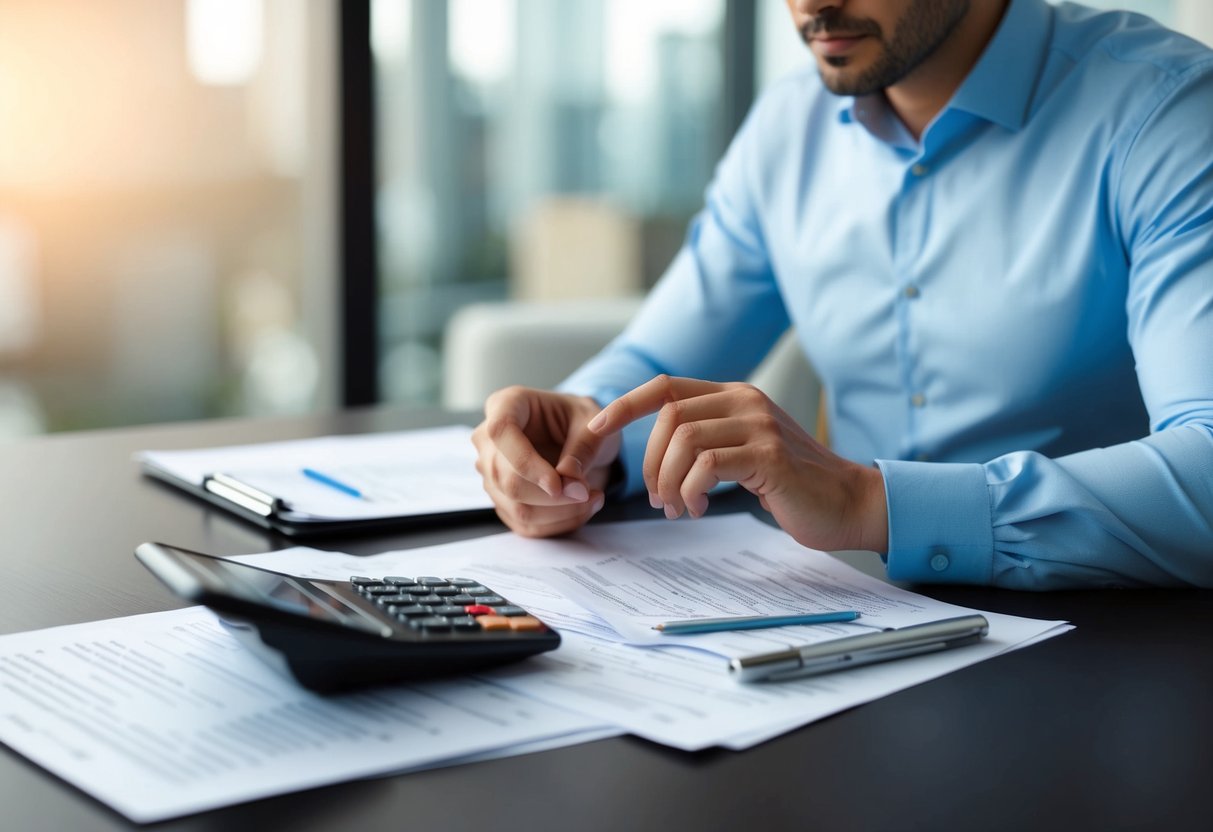 A person sitting at a desk, surrounded by paperwork and a calculator. They are deep in thought, considering tax implications and structuring deductions for a loan