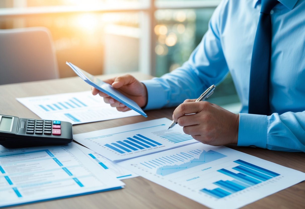 A person sitting at a desk, reviewing documents and financial statements, with a calculator and pen in hand. Multiple loan agreements and charts are spread out on the desk