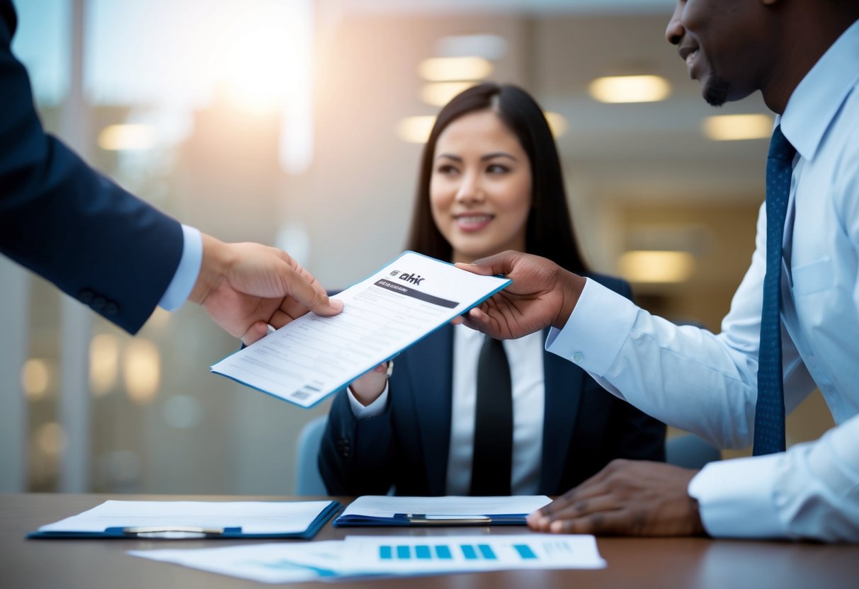 A person handing over minimal paperwork to a bank officer, who is reviewing the documents and nodding in approval