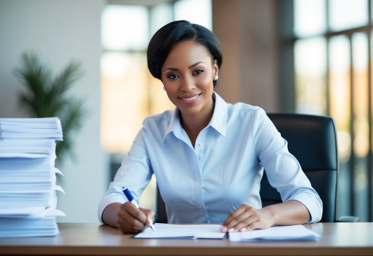 A person sitting at a desk, filling out a simple form. A stack of papers and a pen are nearby. The person looks confident and relaxed