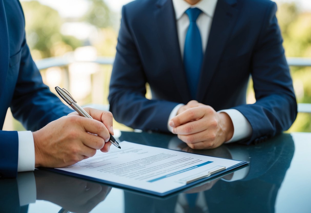 A person signing a document with a pen, while a bank officer explains the features and terms of a low doc loan