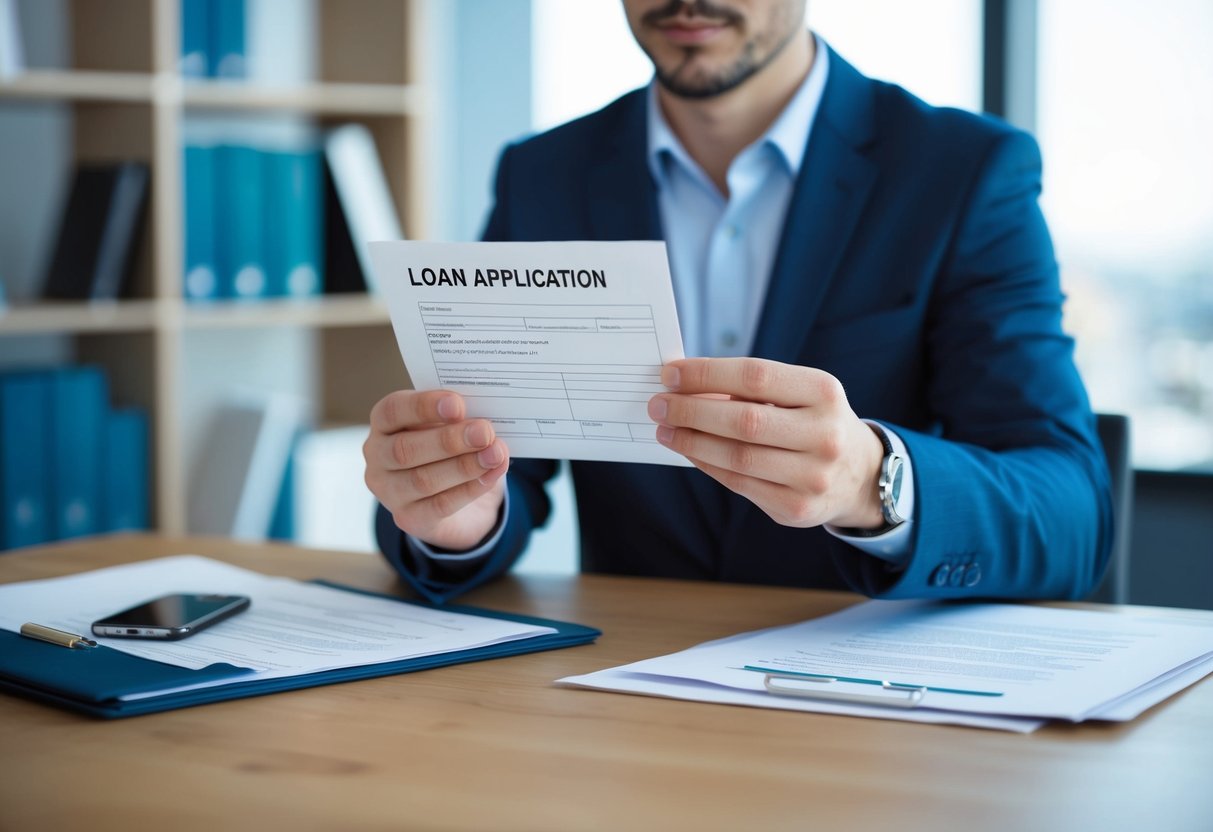 A person handing over minimal paperwork for a loan application, showing ease. But also feeling uncertain due to lack of traditional documentation