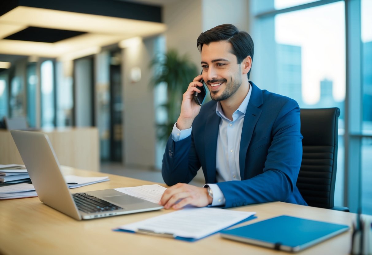 A person sitting at a desk with a laptop and paperwork, talking on the phone with a bank representative