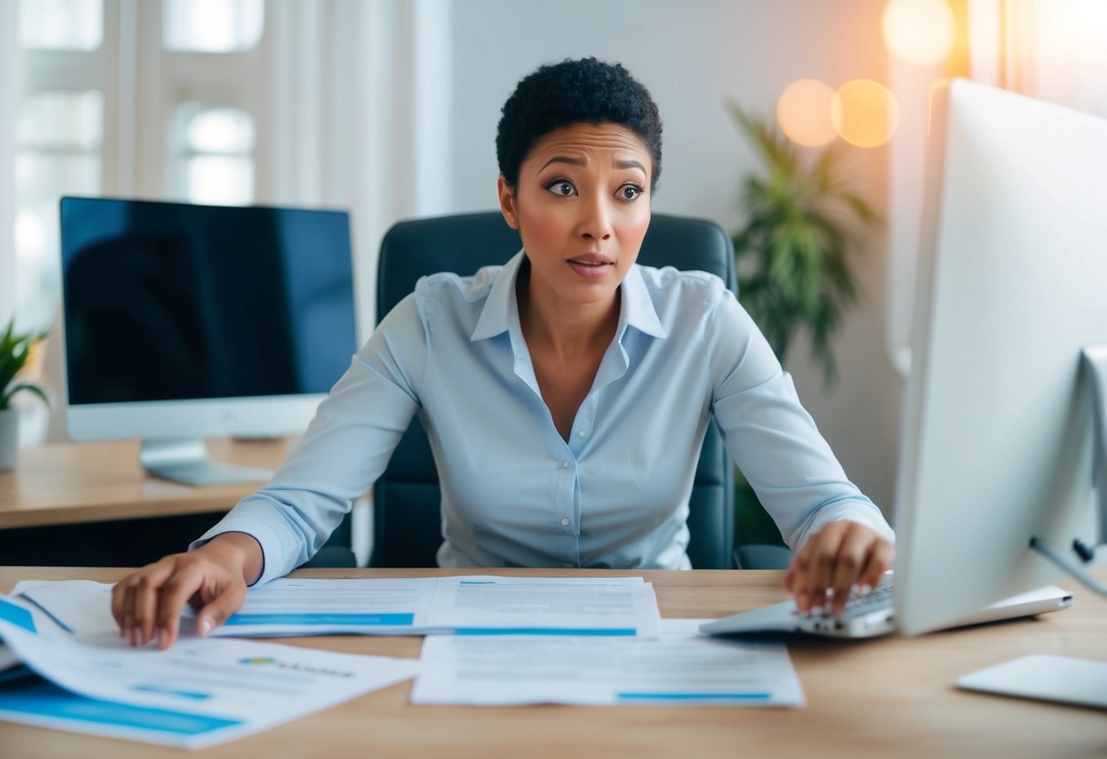 A person sitting at a desk, surrounded by paperwork and a computer, with a puzzled expression on their face as they try to understand the concept of a low doc loan