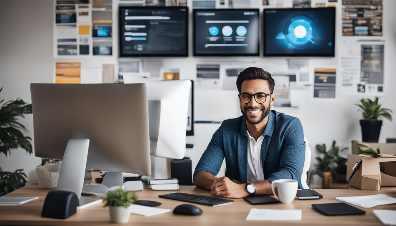 A small business owner surrounded by marketing materials, a computer, and various digital devices, representing the process of scaling a business through effective marketing and digital transformation