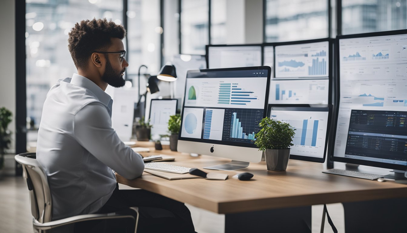 A small business owner sits at a desk, surrounded by charts and graphs. They are brainstorming marketing strategies and digital transformation plans for scaling their business