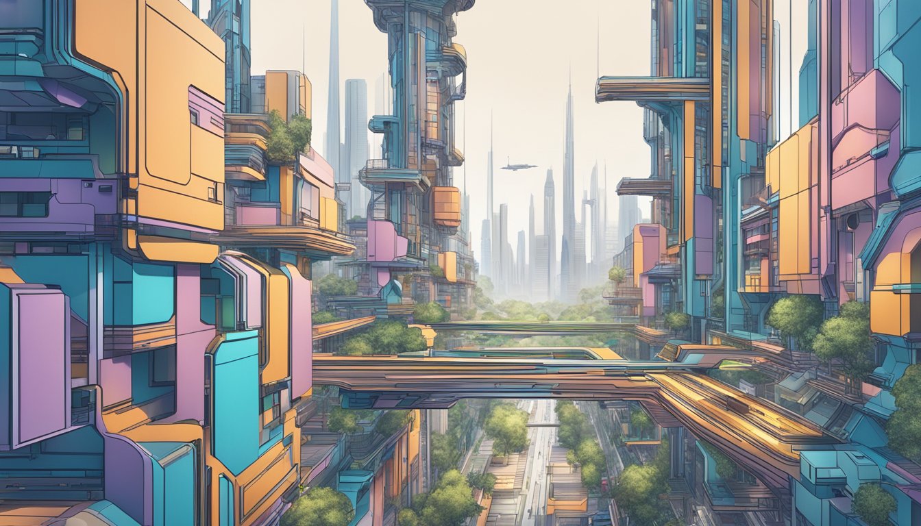 A futuristic cityscape with two distinct areas: one representing generative AI, with sleek, organic architecture, and the other representing traditional AI, with rigid, mechanical structures