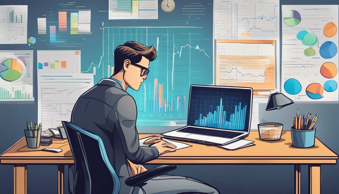 A desk with a laptop, calculator, and notepad. Charts and graphs on the wall. A person deep in thought, surrounded by financial documents