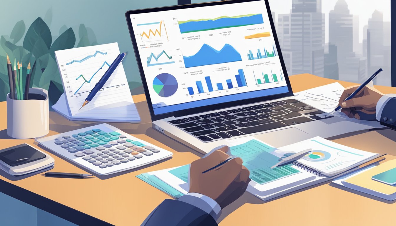 A desk with a laptop, calculator, and financial documents. A person's hand holding a pen, writing notes on a notepad. A chart or graph showing financial progress