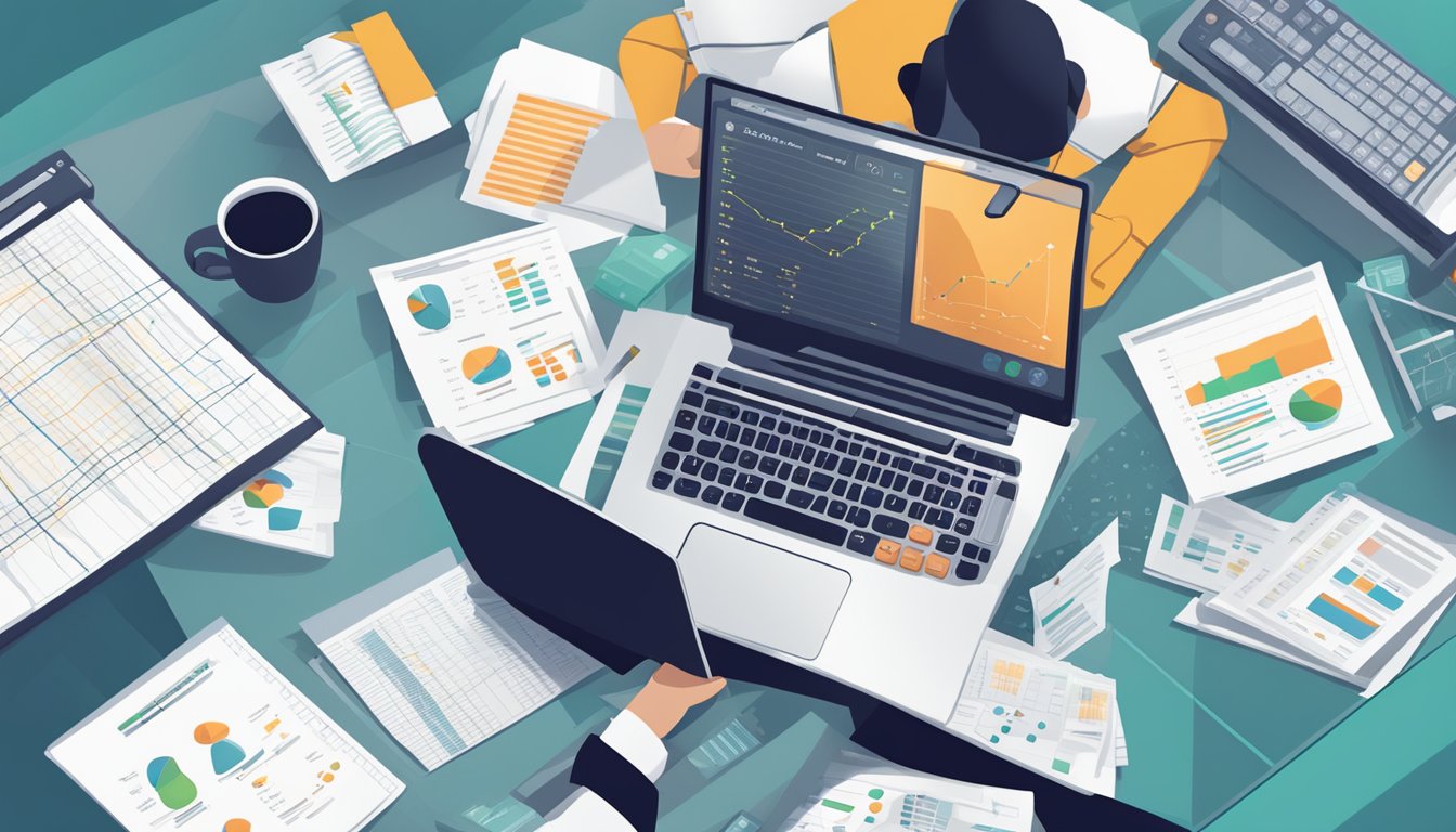 A person at a desk with a laptop, calculator, and financial documents spread out. They are deep in thought, surrounded by charts and graphs