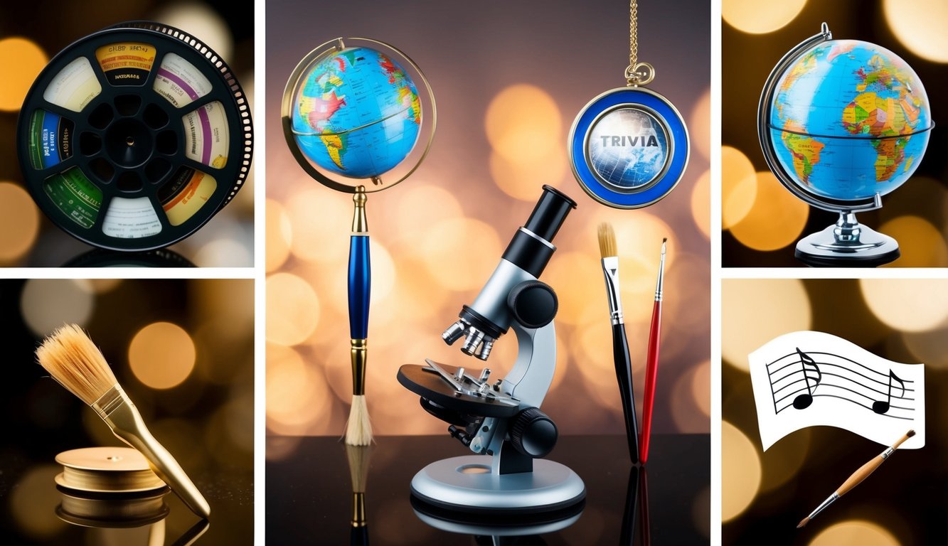 A collection of various objects representing different trivia categories, such as a film reel, a globe, a microscope, a paintbrush, and a musical note