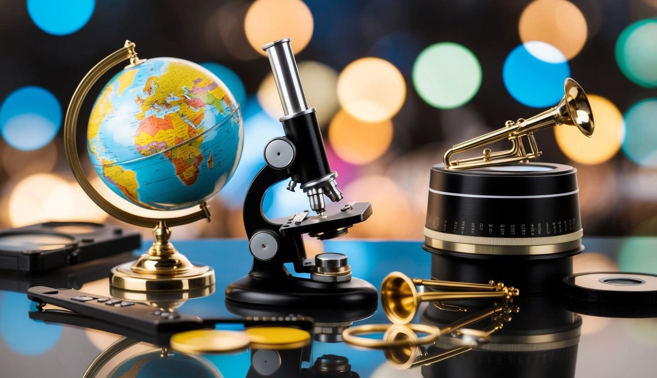 A collection of various objects representing different trivia categories, such as a globe for geography, a microscope for science, and a musical note for music