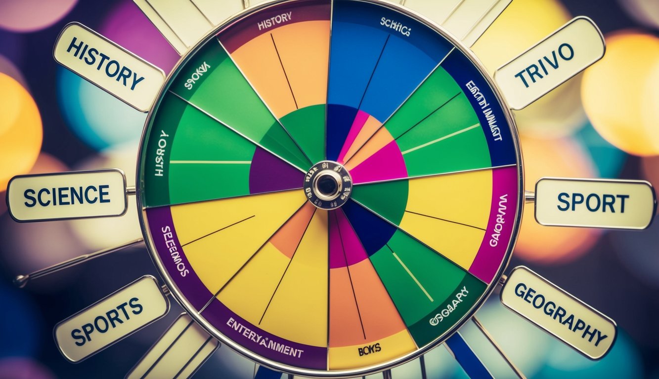 A colorful wheel with various sections labeled with popular trivia categories such as history, science, sports, entertainment, and geography