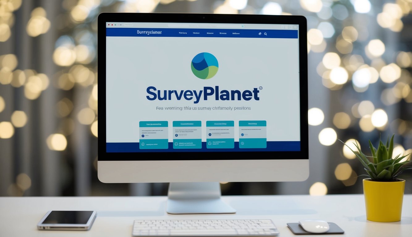 A computer screen displaying SurveyPlanet's logo and a simple, user-friendly interface with various survey questions and options