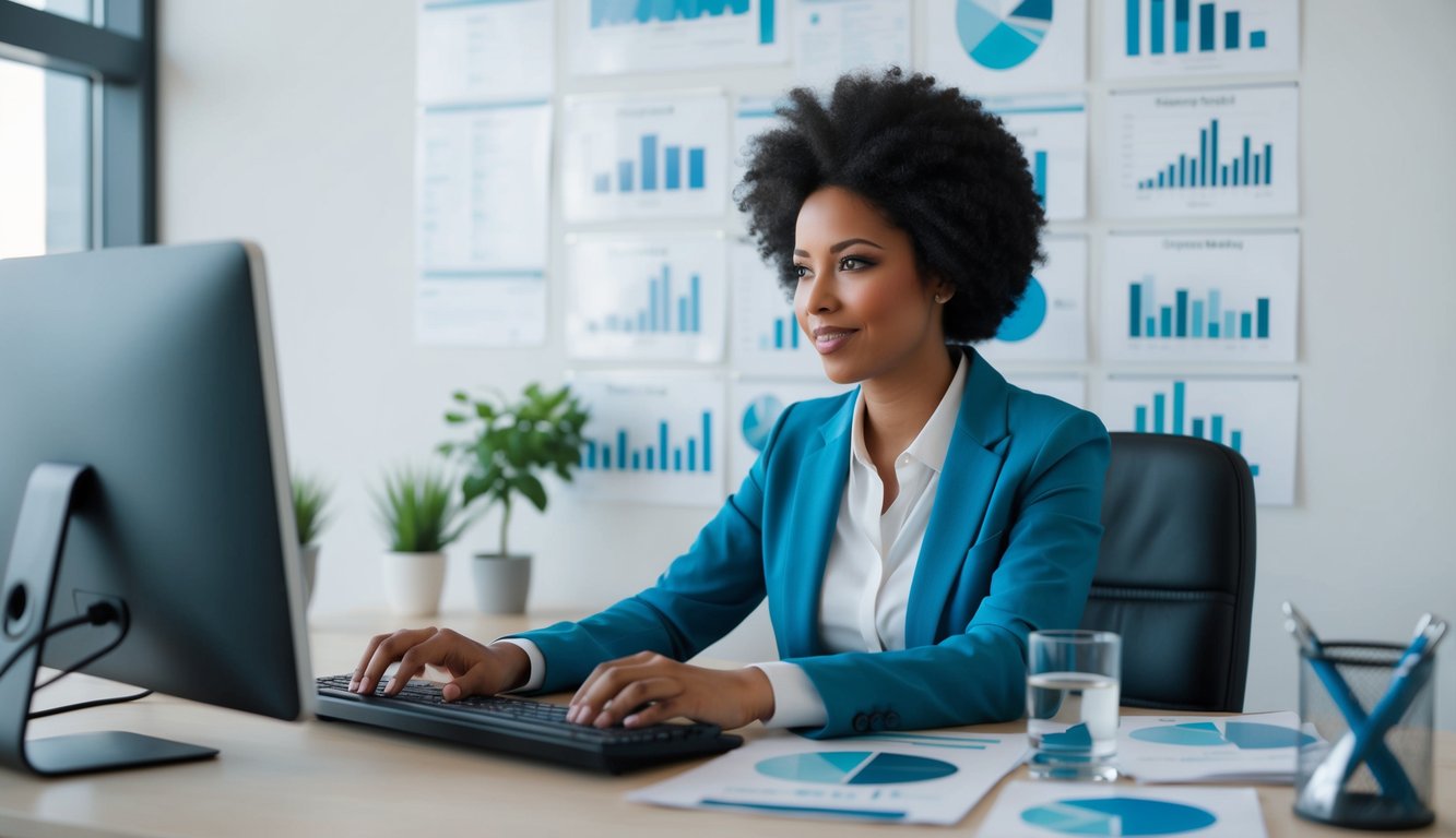 A person sitting at a desk with a computer, surrounded by charts, graphs, and survey data. They are analyzing and managing the data with a focused expression