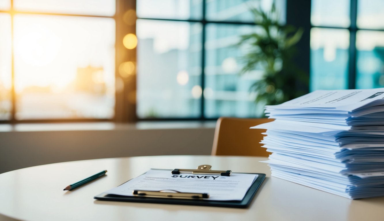 A clipboard with a survey form, a pencil, and a stack of completed surveys on a table in a brightly lit room