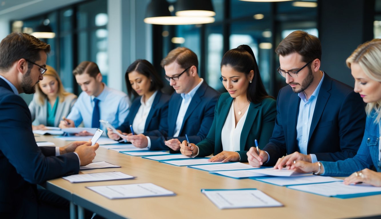 A group of people filling out NPS surveys, while others analyze the results for strategic insights