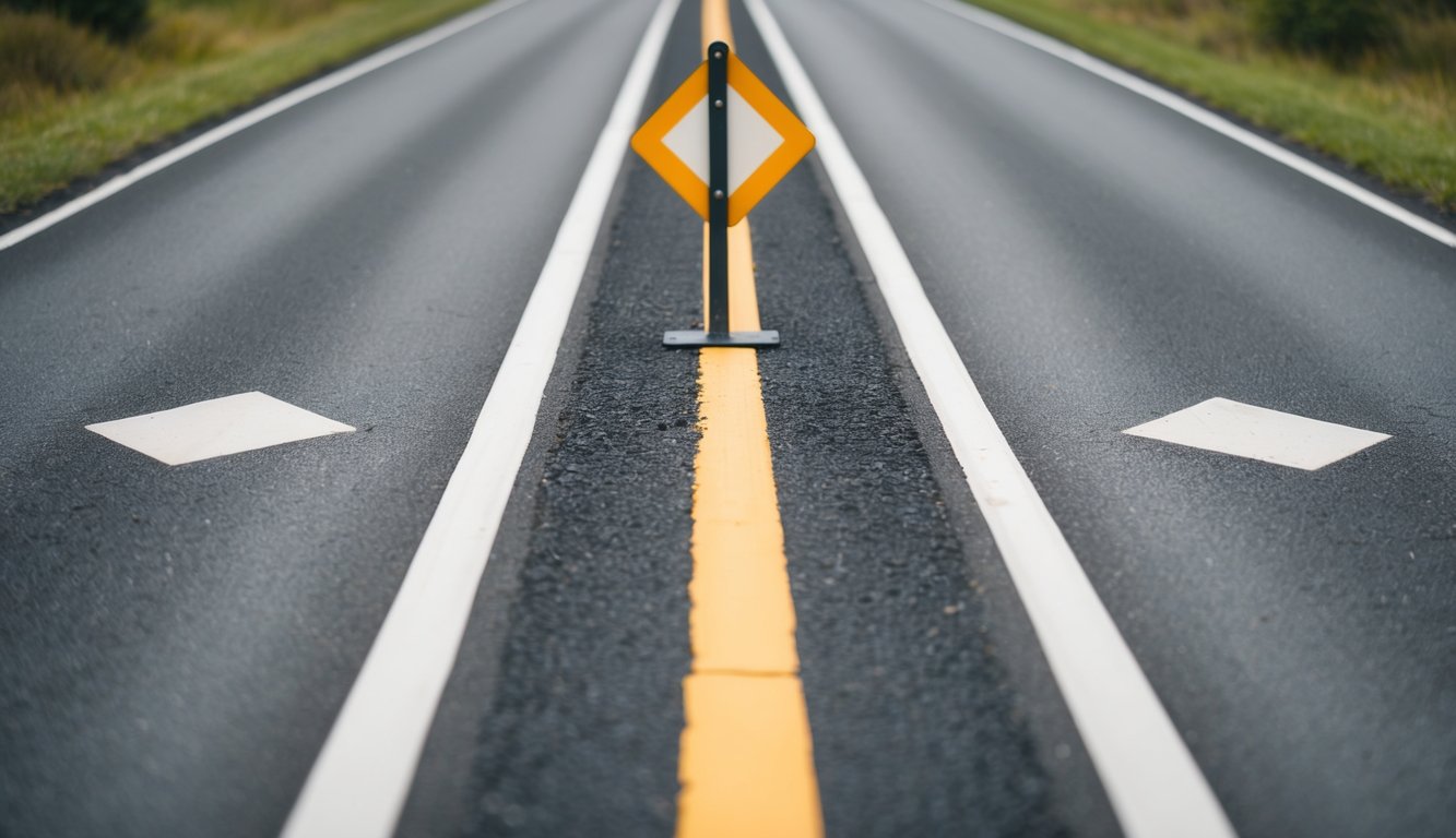 Two parallel paths diverge, leading to a split in the road. A signpost stands at the center, pointing in two different directions