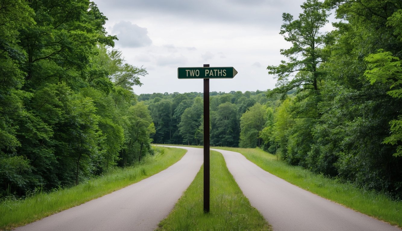 Two paths diverging in a forest, with a signpost at the center pointing in two different directions. The sky is overcast, and the trees are dense and lush