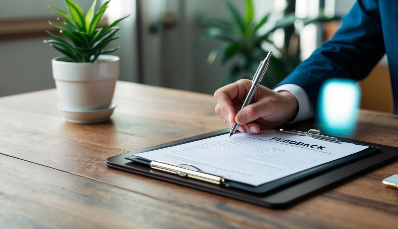 A hand holding a pen fills out a feedback form on a clipboard atop a wooden desk with a potted plant in the background