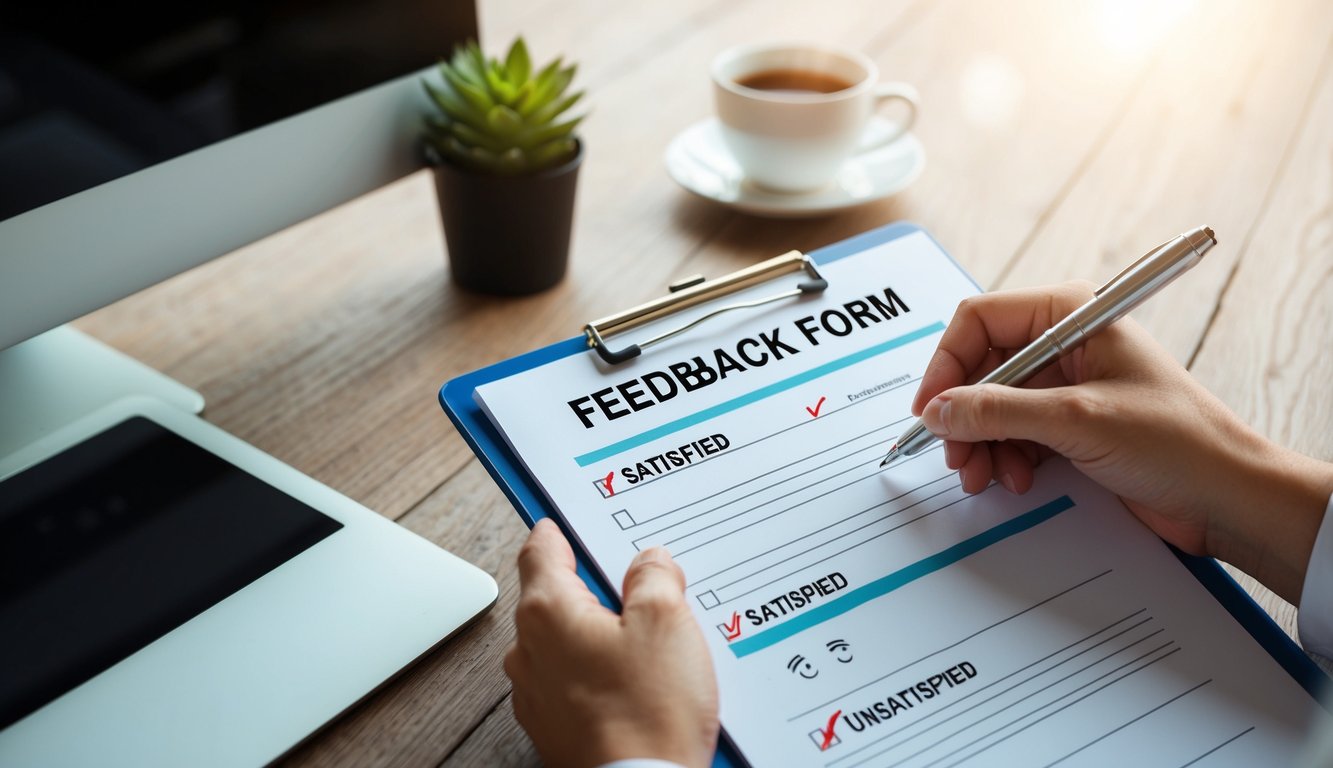 A hand holding a pen, filling out a feedback form on a clipboard with a checkmark next to "satisfied" and a frown face next to "unsatisfied."