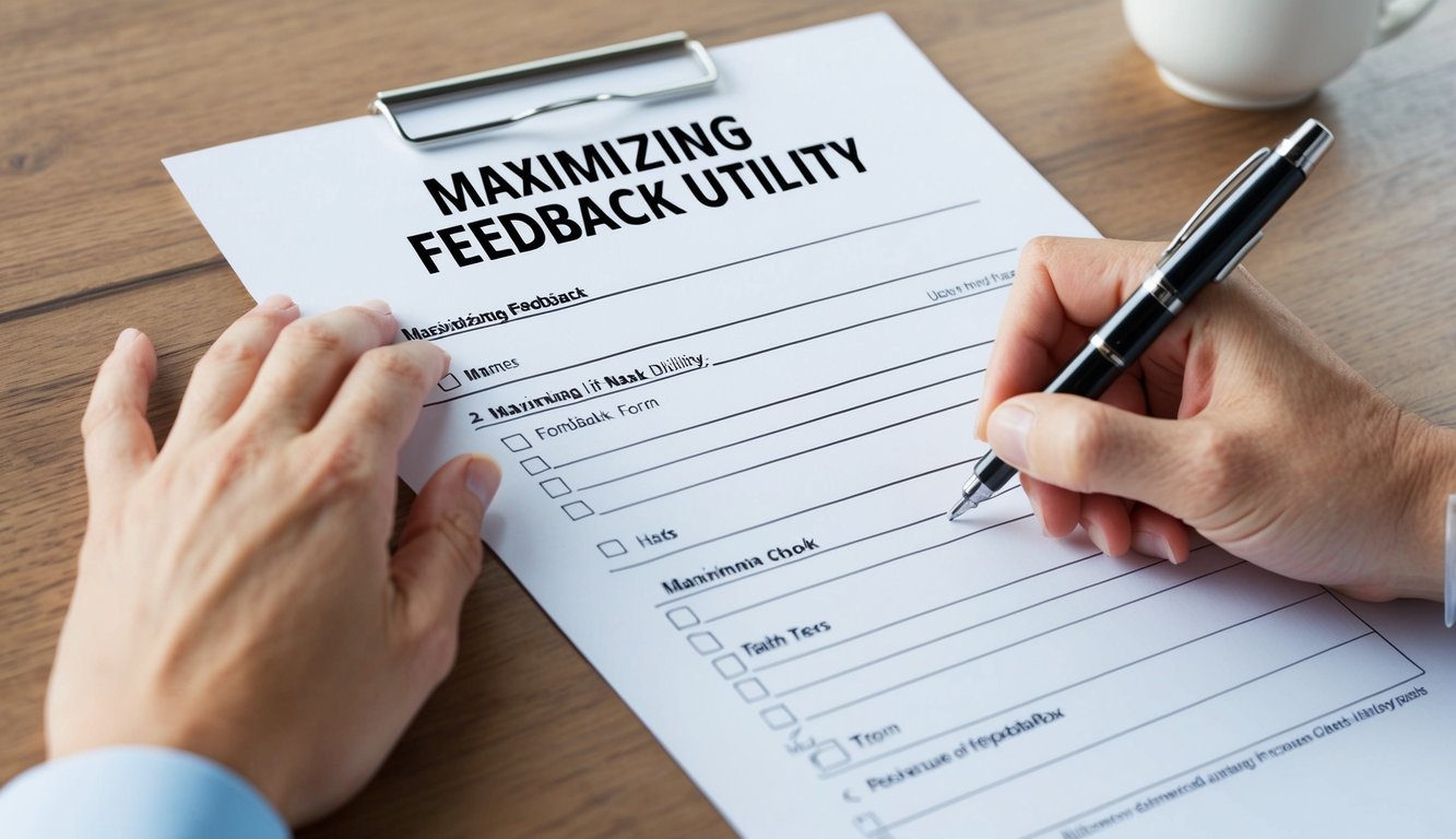 A hand holding a pen fills out a feedback form with checkboxes and text fields. The form is titled "Maximizing Feedback Utility."