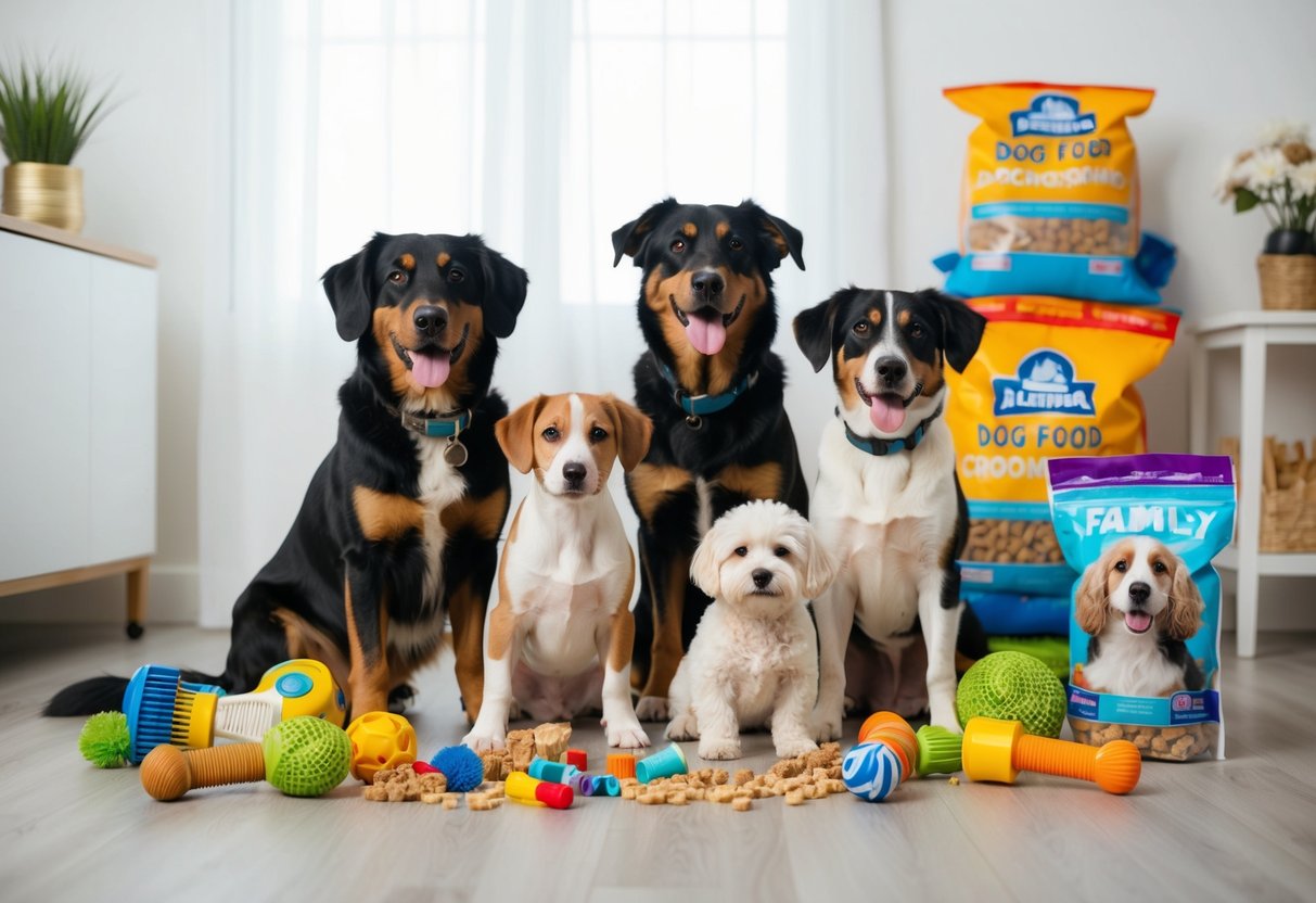 A family of dogs surrounded by dog toys, treats, and grooming supplies, with a stack of dog food bags in the background