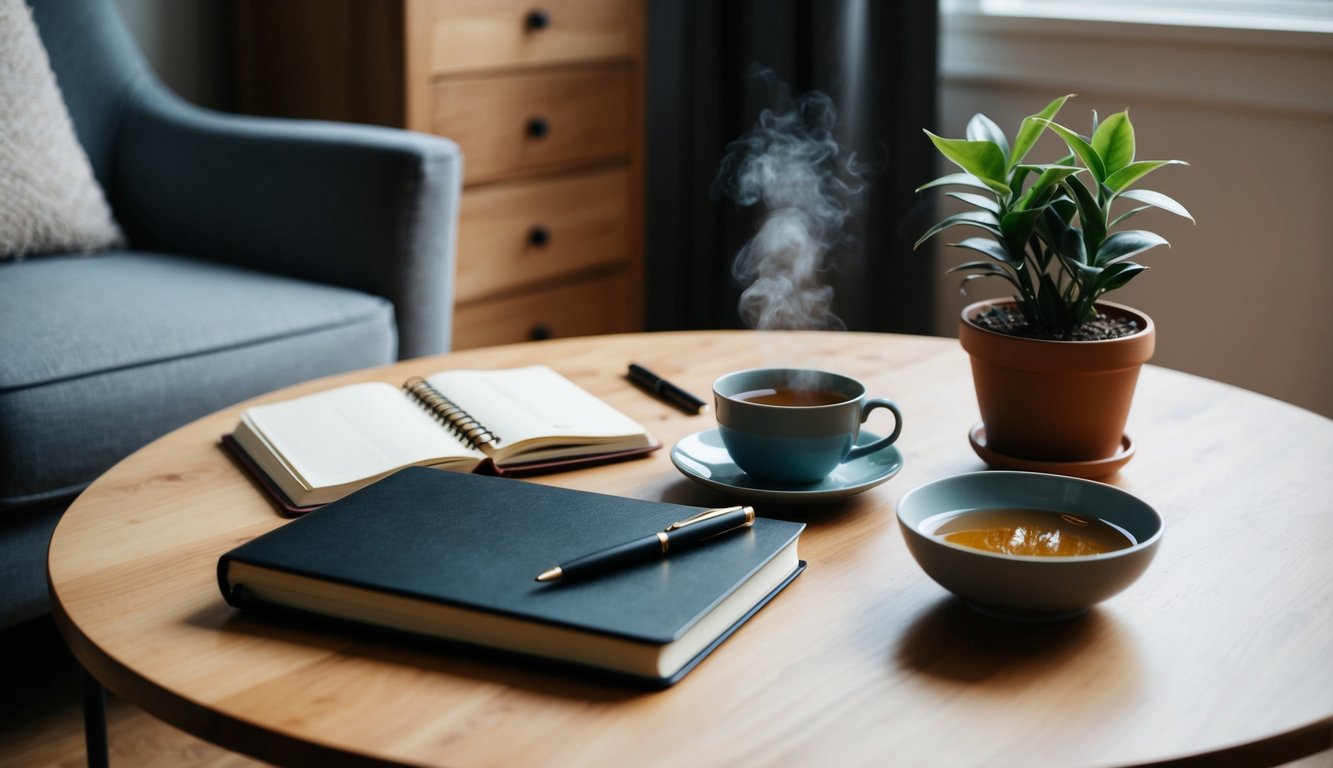 A table with a variety of objects: a journal, a pen, a cup of tea, and a potted plant. A cozy armchair sits nearby, inviting contemplation