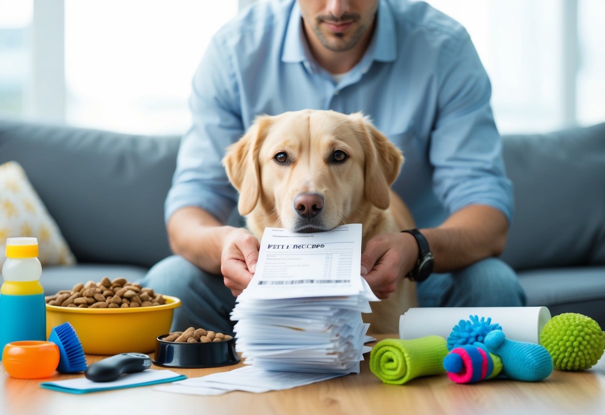 A dog owner pulls out a stack of receipts and bills, surrounded by pet care items like food, toys, and grooming supplies