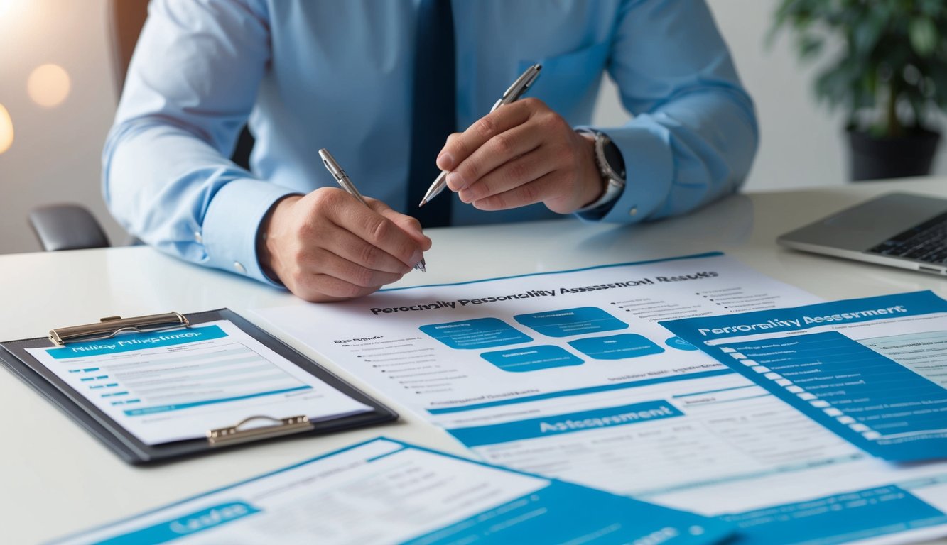 A hiring manager reviewing personality assessment results of a candidate, with a checklist and assessment forms spread out on a desk