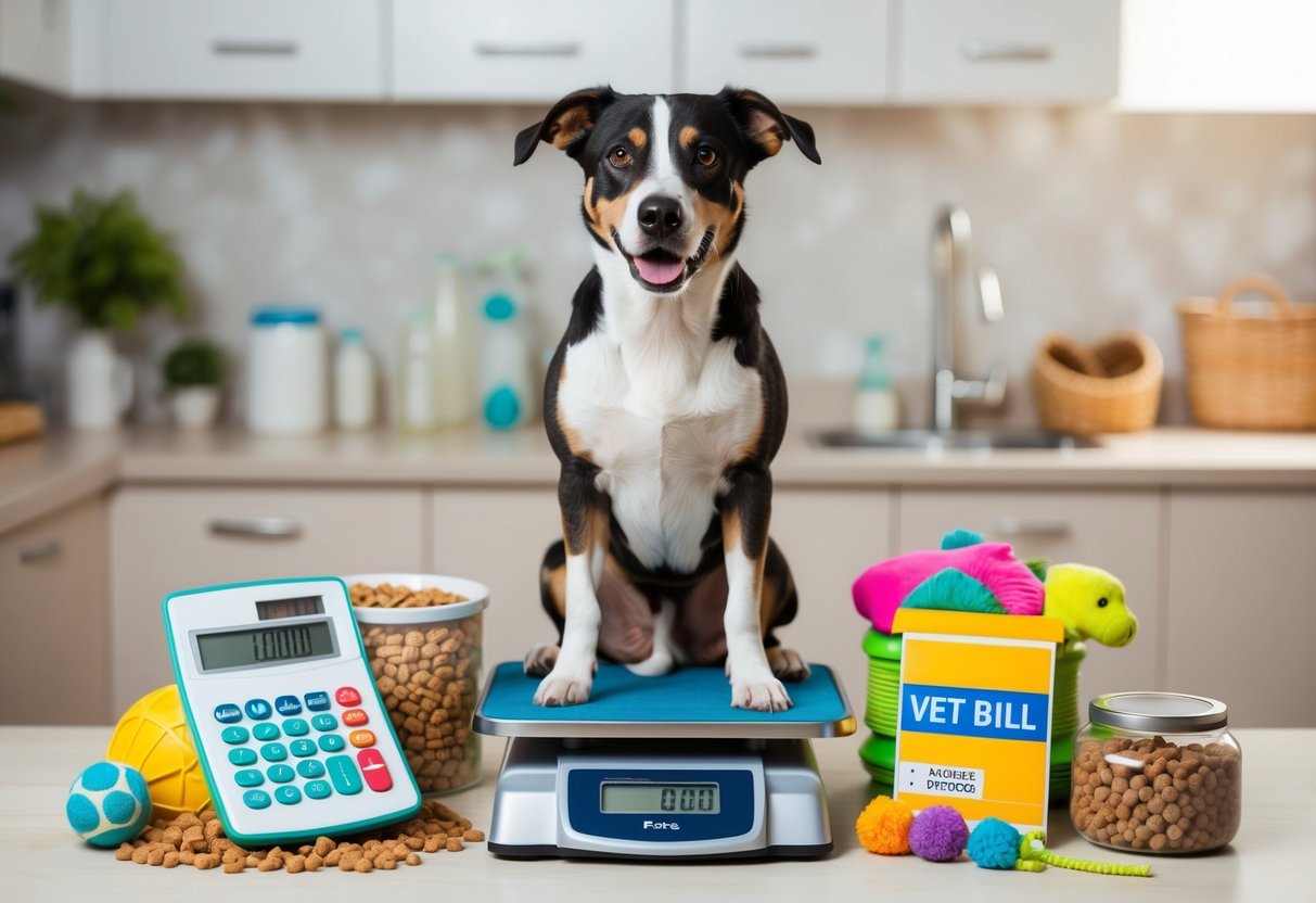 A family dog sitting on a scale, surrounded by pet food, toys, and a vet bill. A calculator shows annual expenses