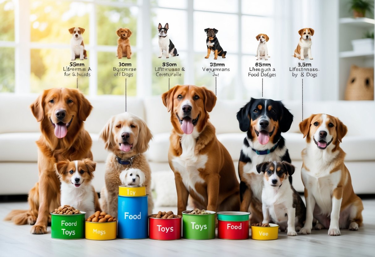 A family budgeting for dog expenses, including food, toys, and veterinary care. Different generations and lifespans of dogs are depicted through various breeds and sizes