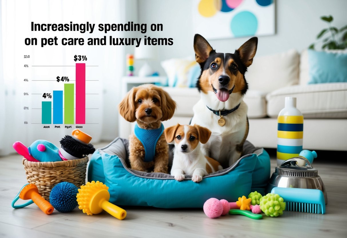 A family dog surrounded by various toys, grooming supplies, and a stylish bed. A chart showing increasing spending on pet care and luxury items